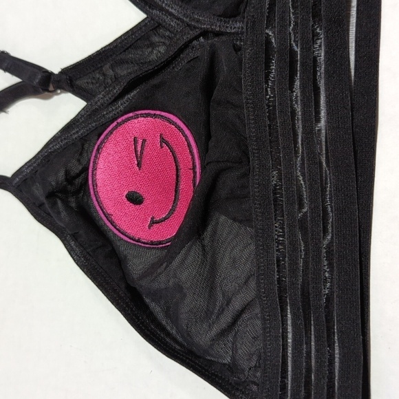 Spencers Mesh Festival Smiley Wink Face Bikini Black Pink Emoji Bra Size S/M - Picture 3 of 6